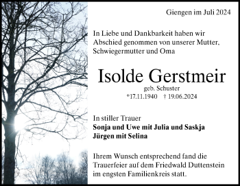 Traueranzeige von Isolde Gerstmeir von Heidenheimer Zeitung