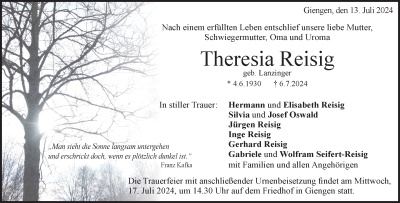  Traueranzeige für Theresia Reisig vom 13.07.2024 aus Heidenheimer Zeitung