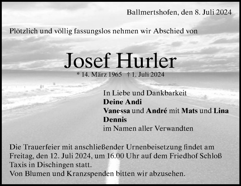  Traueranzeige für Josef Hurler vom 08.07.2024 aus Heidenheimer Zeitung