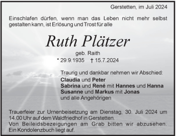 Traueranzeige von Ruth Plätzer von Heidenheimer Zeitung
