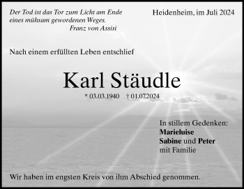Traueranzeige von Karl Stäudle von Heidenheimer Zeitung