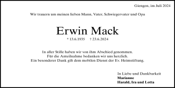 Traueranzeige von Erwin Mack von Heidenheimer Zeitung