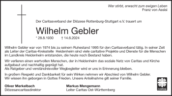 Traueranzeige von Wilhelm Gebler von Heidenheimer Zeitung