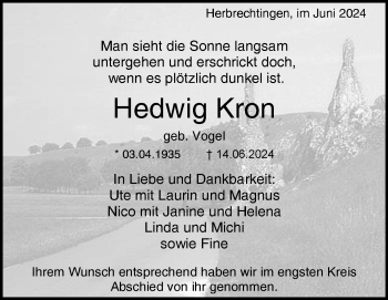 Traueranzeige von Hedwig Kron von Heidenheimer Zeitung