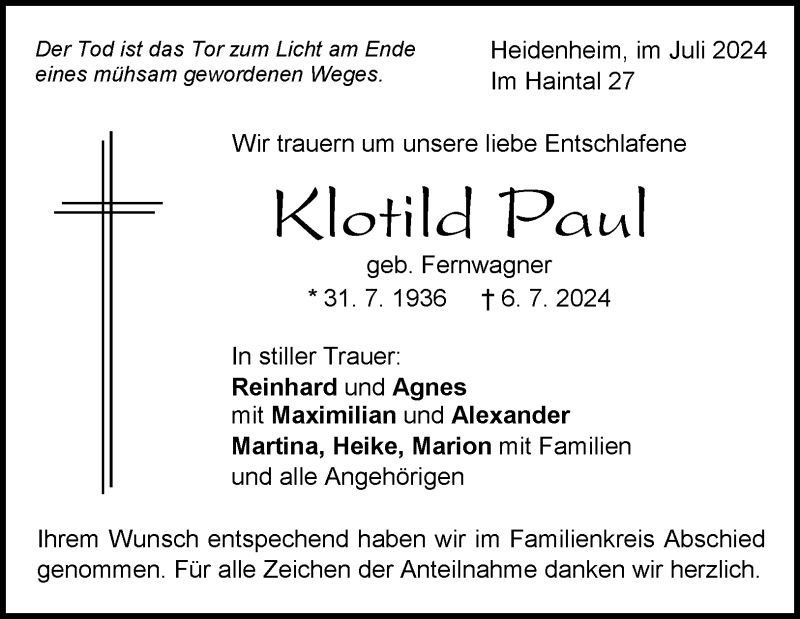  Traueranzeige für Klothilde Paul vom 20.07.2024 aus Heidenheimer Zeitung