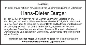 Traueranzeige von Hans-Dieter Burger von Heidenheimer Zeitung