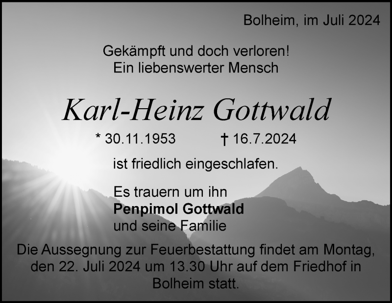  Traueranzeige für Karl-Heinz Gottwald vom 20.07.2024 aus Heidenheimer Zeitung