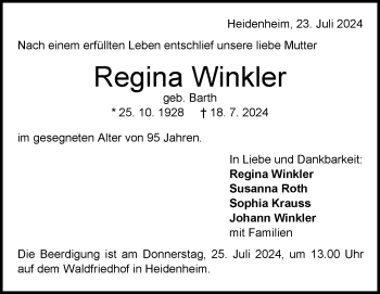 Traueranzeige von Regina Winkler von Heidenheimer Zeitung