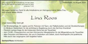 Traueranzeige von Lina Roos von Heidenheimer Zeitung