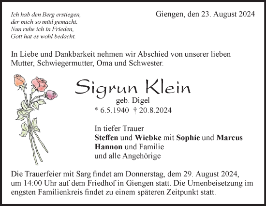 Traueranzeige von Sigrun Klein von Heidenheimer Zeitung