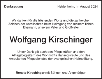 Traueranzeige von Wolfgang Kirschinger von Heidenheimer Zeitung