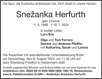 Traueranzeige von Snezanka Herfurth von Heidenheimer Zeitung