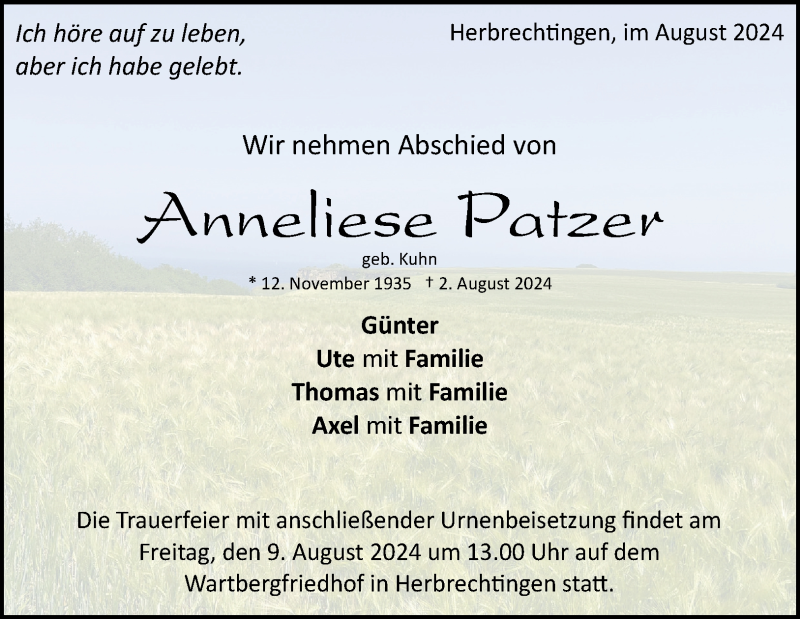  Traueranzeige für Anneliese Patzer vom 06.08.2024 aus Heidenheimer Zeitung