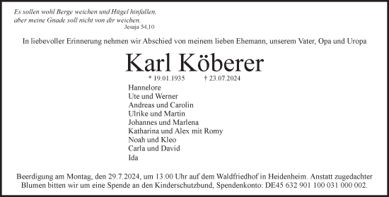 Traueranzeige von Karl Köberer von Heidenheimer Zeitung
