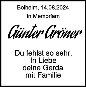 Traueranzeige von Günter Gröner von Heidenheimer Zeitung