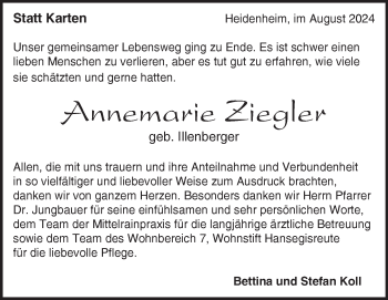 Traueranzeige von Annemarie Ziegler von Heidenheimer Zeitung