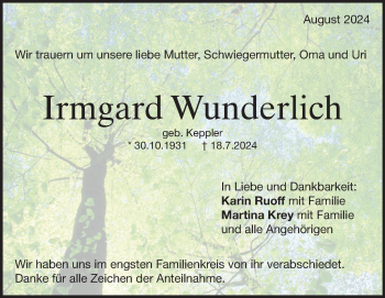 Traueranzeige von Irmgard Wunderlich von Heidenheimer Zeitung