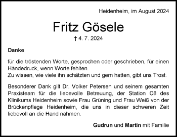 Traueranzeige von Fritz Gösele von Heidenheimer Zeitung