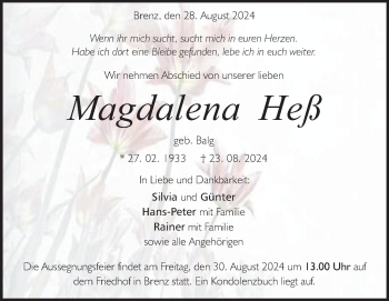 Traueranzeige von Magdalena Heß von Heidenheimer Zeitung