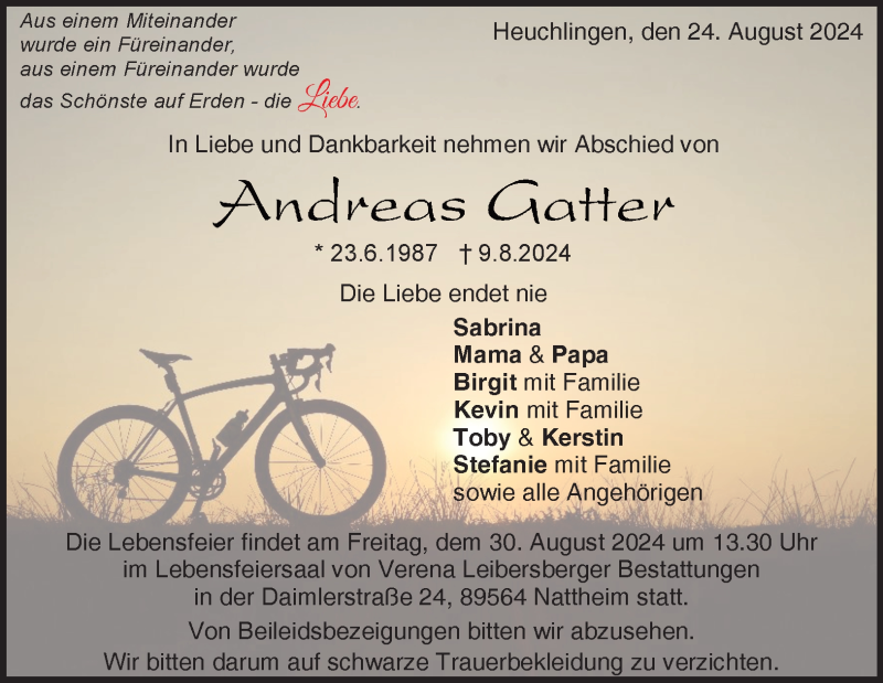  Traueranzeige für Andreas Gatter vom 24.08.2024 aus Heidenheimer Zeitung