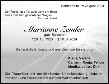 Traueranzeige von Marianne Zemler von Heidenheimer Zeitung