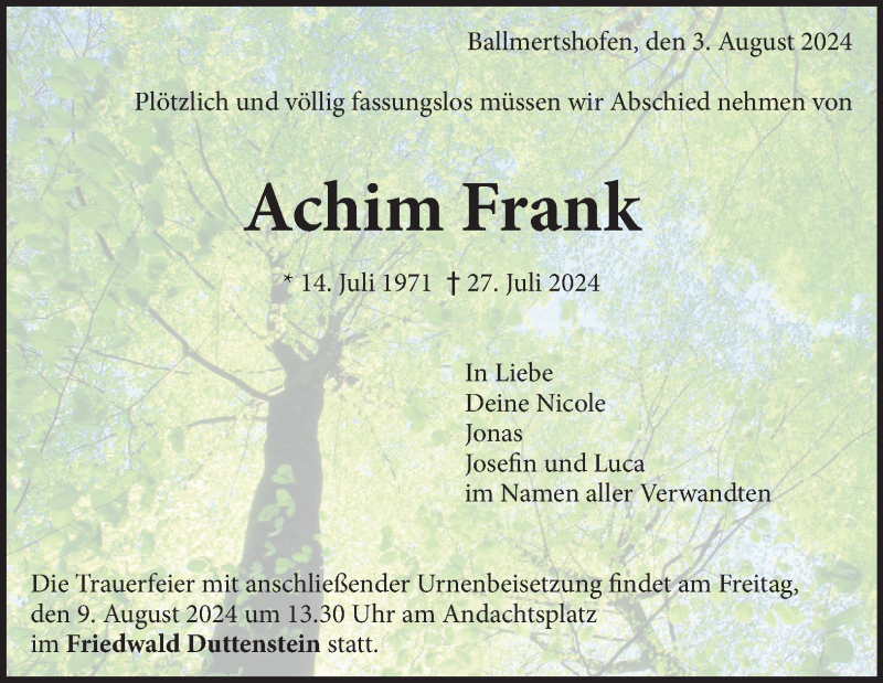  Traueranzeige für Achim Frank vom 03.08.2024 aus Heidenheimer Zeitung