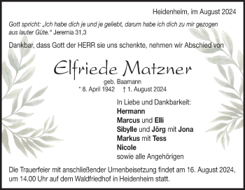 Traueranzeige von Elfriede Matzner von Heidenheimer Zeitung