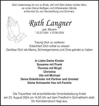 Traueranzeige von Ruth Langner von Heidenheimer Zeitung