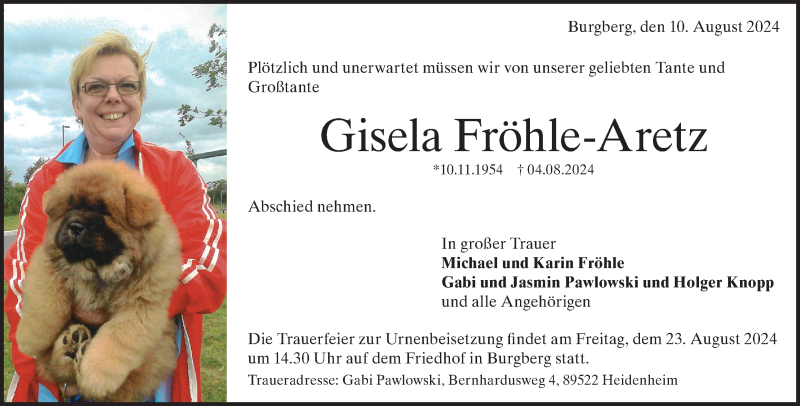  Traueranzeige für Gisela Fröhle-Aretz vom 10.08.2024 aus Heidenheimer Zeitung