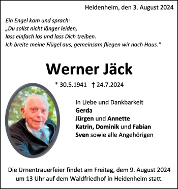 Traueranzeige von Werner Jäck von Heidenheimer Zeitung
