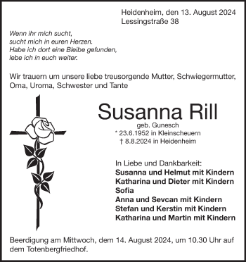 Traueranzeige von Susanna Rill von Heidenheimer Zeitung