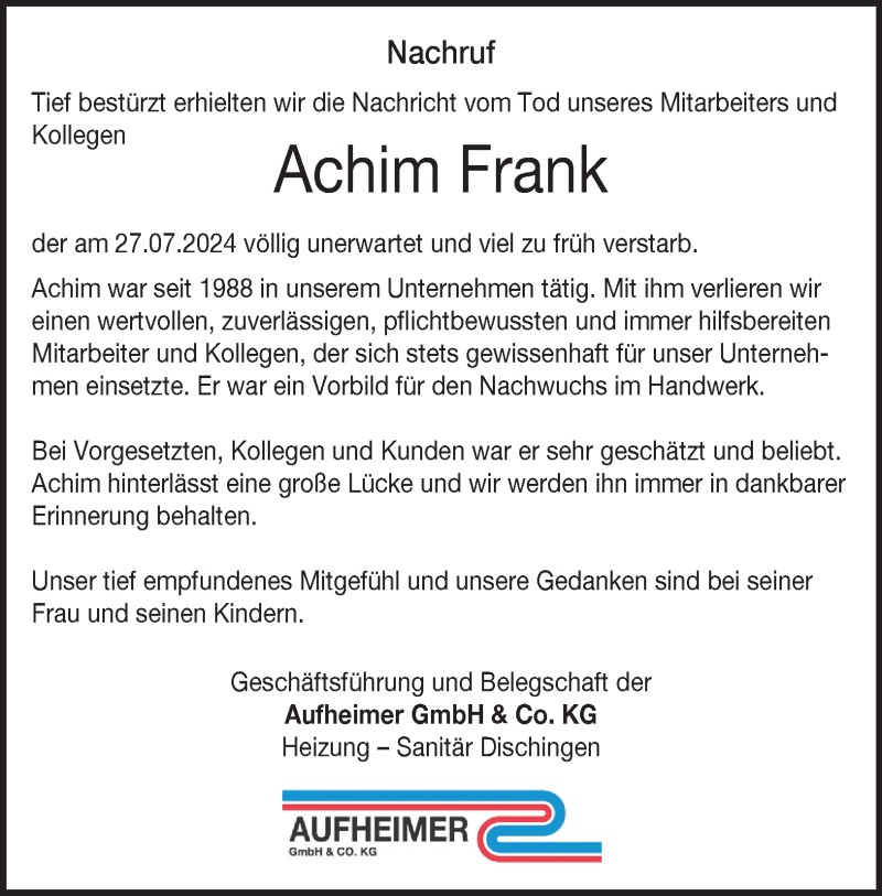  Traueranzeige für Achim Frank vom 05.08.2024 aus Heidenheimer Zeitung