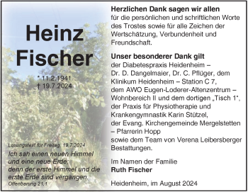 Traueranzeige von Heinz Fischer von Heidenheimer Zeitung