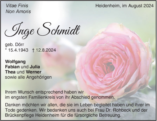 Traueranzeige von Inge Schmidt von Heidenheimer Zeitung