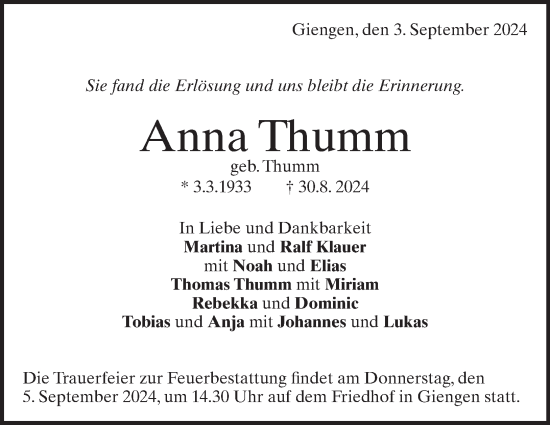 Traueranzeige von Anna Thumm von Heidenheimer Zeitung