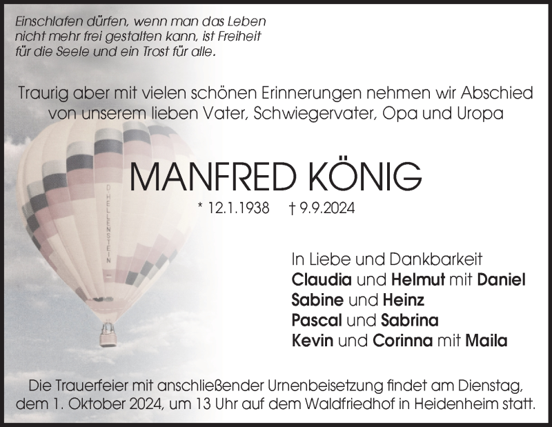  Traueranzeige für Manfred König vom 20.09.2024 aus Heidenheimer Zeitung