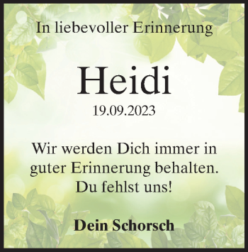 Traueranzeige von Heidi Nietsche von Heidenheimer Zeitung
