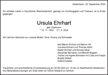 Traueranzeige von Ursula Ehrhart von Heidenheimer Zeitung