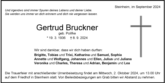 Traueranzeige von Getrud Bruckner von Heidenheimer Zeitung