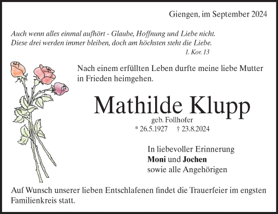 Traueranzeige von Mathilde Klupp von Heidenheimer Zeitung