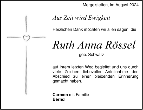 Traueranzeige von Ruth Anna Rössel von Heidenheimer Zeitung