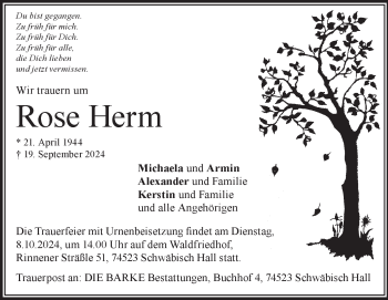 Traueranzeige von Rose Herm von Heidenheimer Zeitung