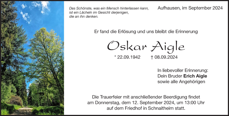  Traueranzeige für Oskar Aigle vom 10.09.2024 aus Heidenheimer Zeitung