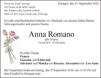 Traueranzeige von Anna Romano von Heidenheimer Zeitung