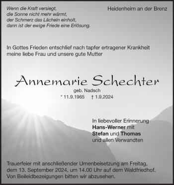 Traueranzeige von Annemarie Schechter von Heidenheimer Zeitung