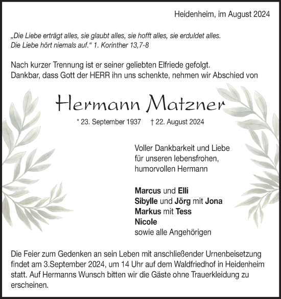 Traueranzeige von Hermann Matzner von Heidenheimer Zeitung