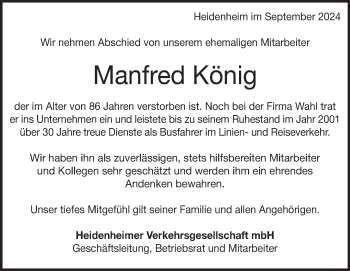 Traueranzeige von Manfred König von Heidenheimer Zeitung