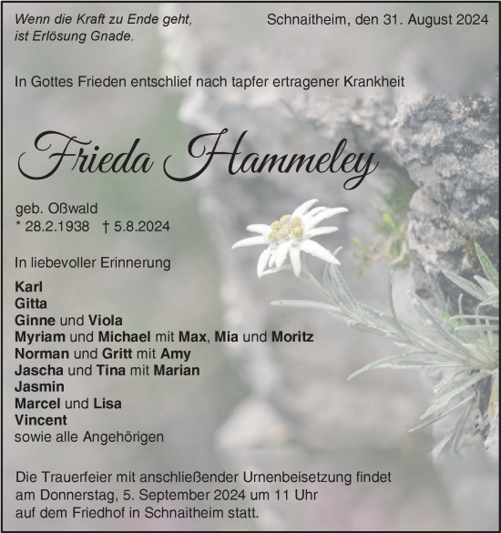 Traueranzeige von Frieda Hammeley von Heidenheimer Zeitung