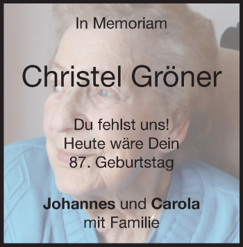 Traueranzeige von Christel Gröner von Heidenheimer Zeitung