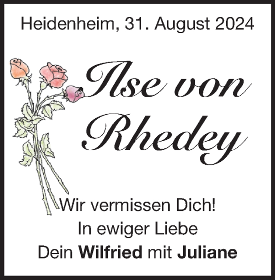 Traueranzeige von Ilse von Rhedey von Heidenheimer Zeitung